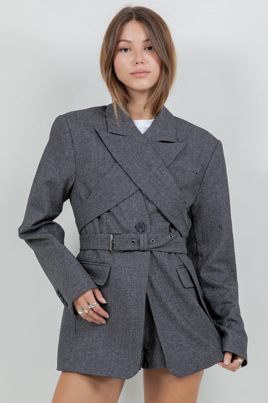 WOVEN JACKET BLAZER WITH DETACHEABLE WRAP AROUND BELT - Whiteroom+Cactus