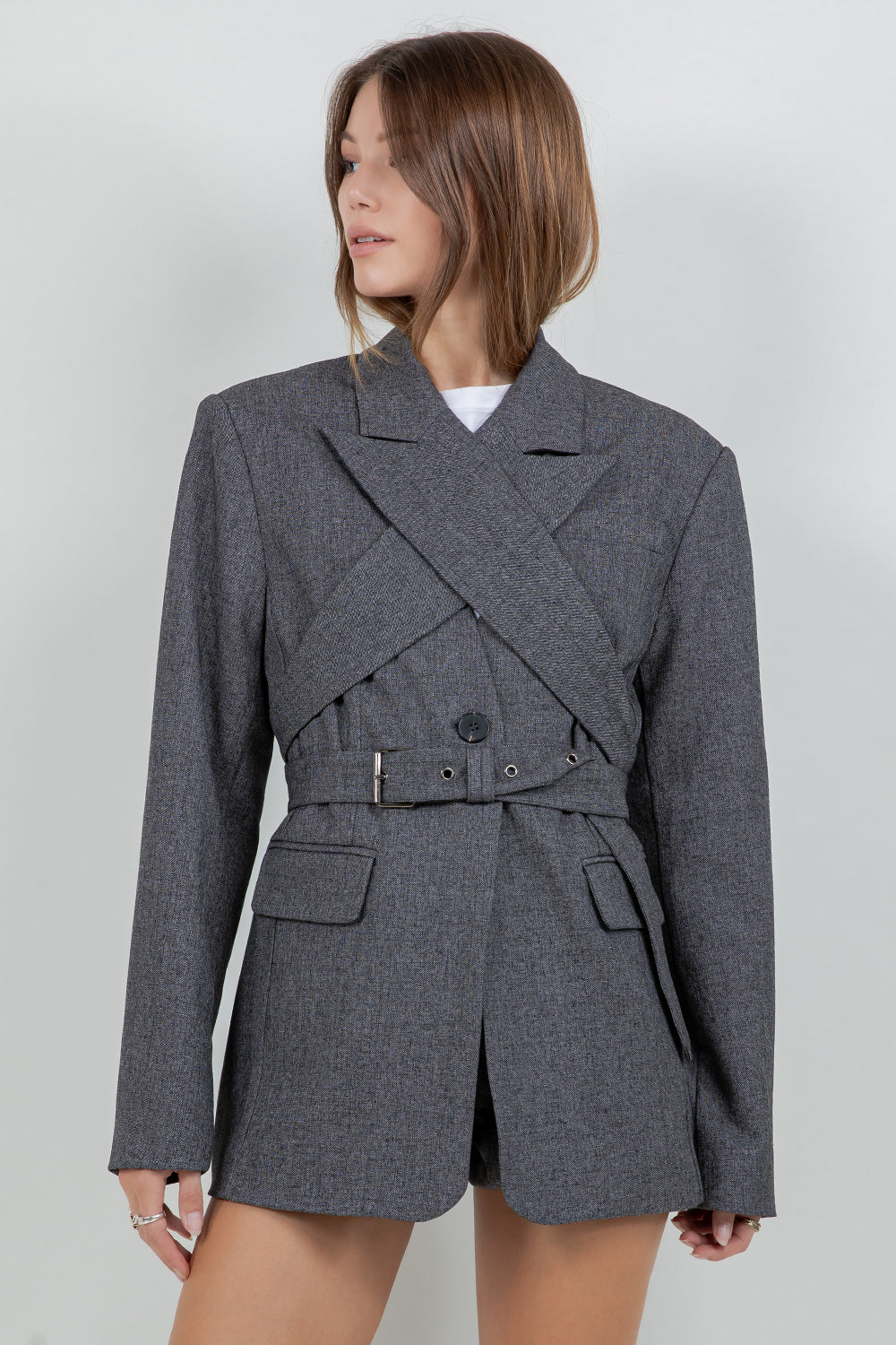 WOVEN JACKET BLAZER WITH DETACHEABLE WRAP AROUND BELT - Whiteroom+Cactus