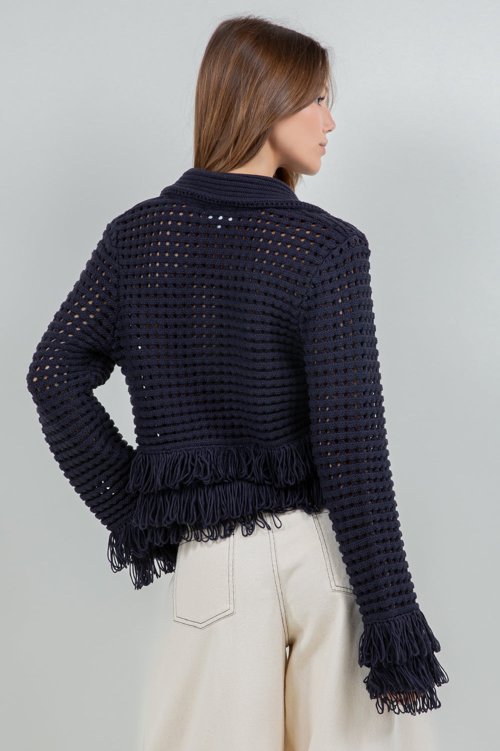 FRINGE DETAILED SOFT KNIT BUTTON DOWN CARDIGAN - NAVY