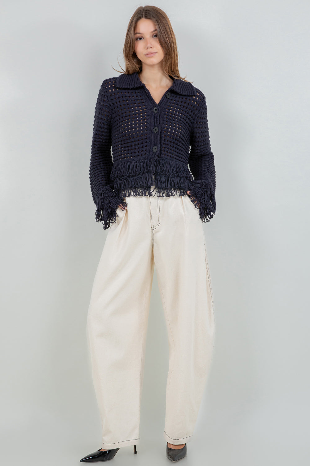 FRINGE DETAILED SOFT KNIT BUTTON DOWN CARDIGAN - NAVY