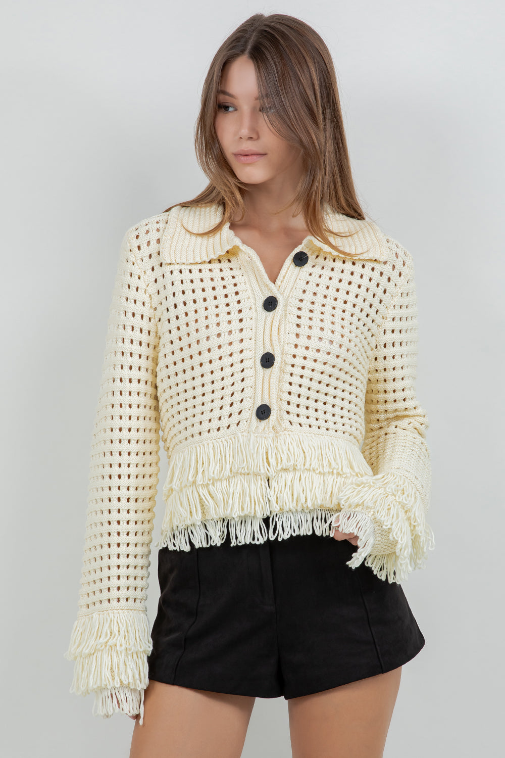 FRINGE DETAILED SOFT KNIT BUTTON DOWN CARDIGAN - Whiteroom+Cactus
