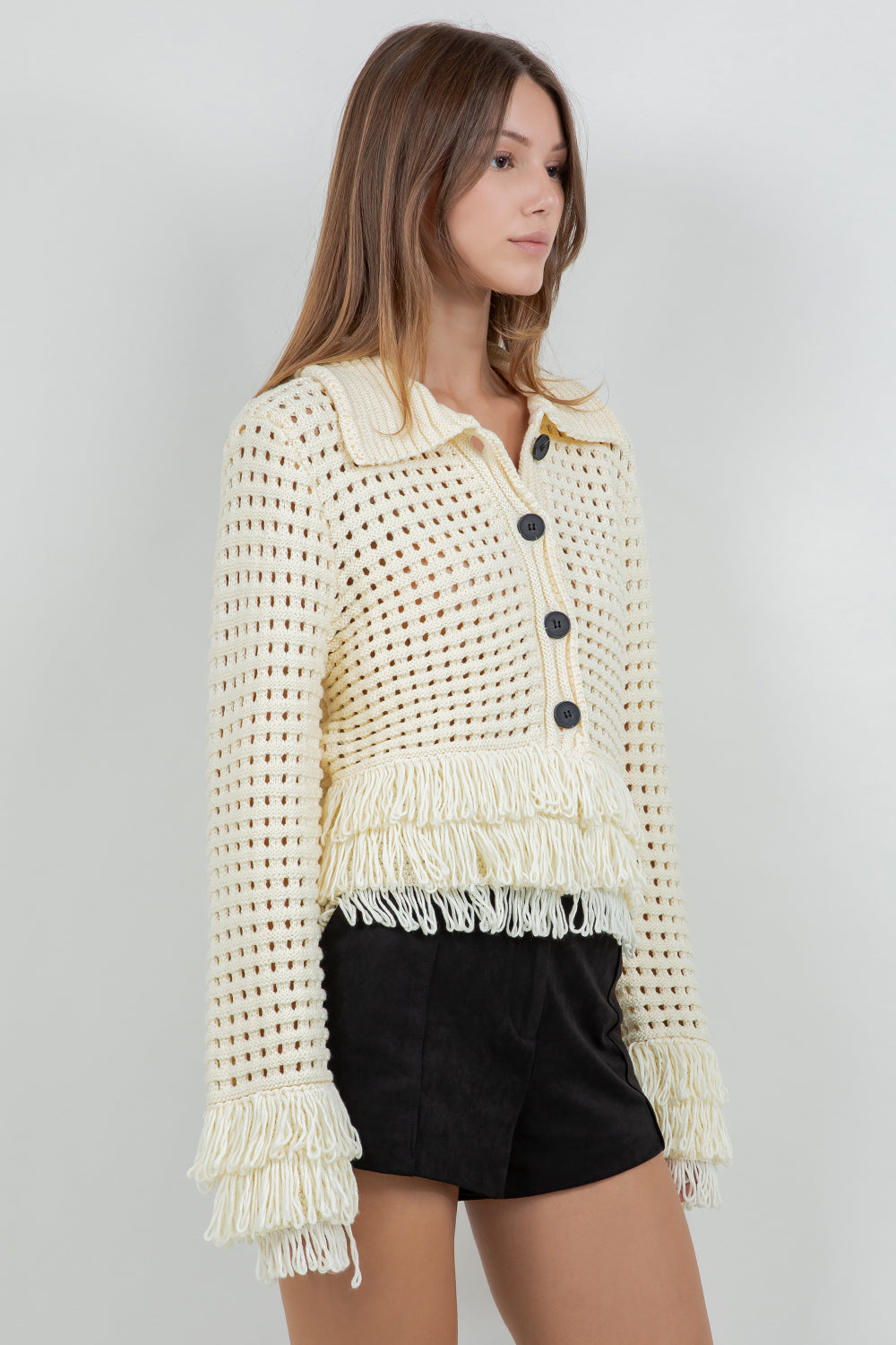 FRINGE DETAILED SOFT KNIT BUTTON DOWN CARDIGAN - Whiteroom+Cactus