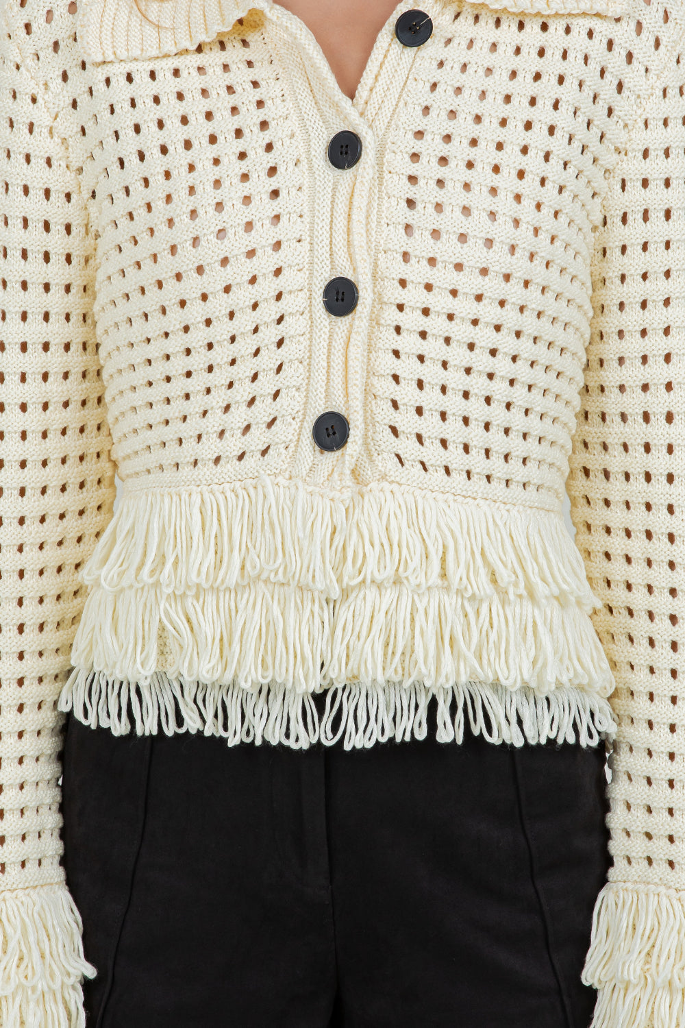 FRINGE DETAILED SOFT KNIT BUTTON DOWN CARDIGAN - Whiteroom+Cactus