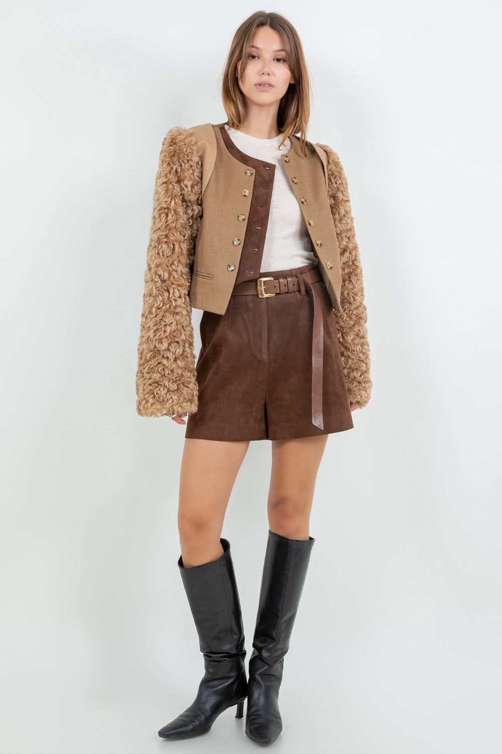 PU + SHERPA COMBO ULTRA CROPPED BOLERO MOTO JACKET - MOCHA - Whiteroom+Cactus