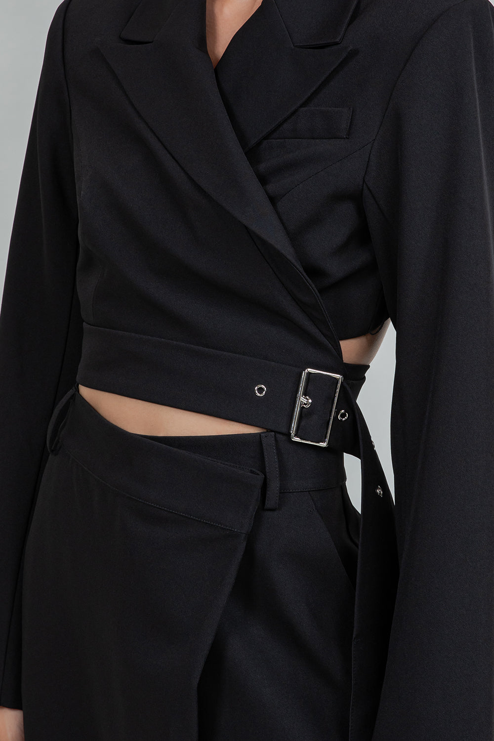 CROPPED STRUCTURED WOVEN BLAZER JACKET WITH SELF WRAP BELT - BLACK - Whiteroom+Cactus