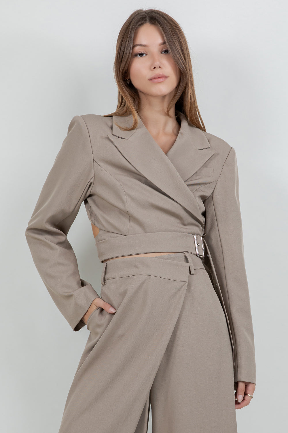 CROPPED STRUCTURED WOVEN BLAZER JACKET WITH SELF WRAP BELT - MOCHA - Whiteroom+Cactus