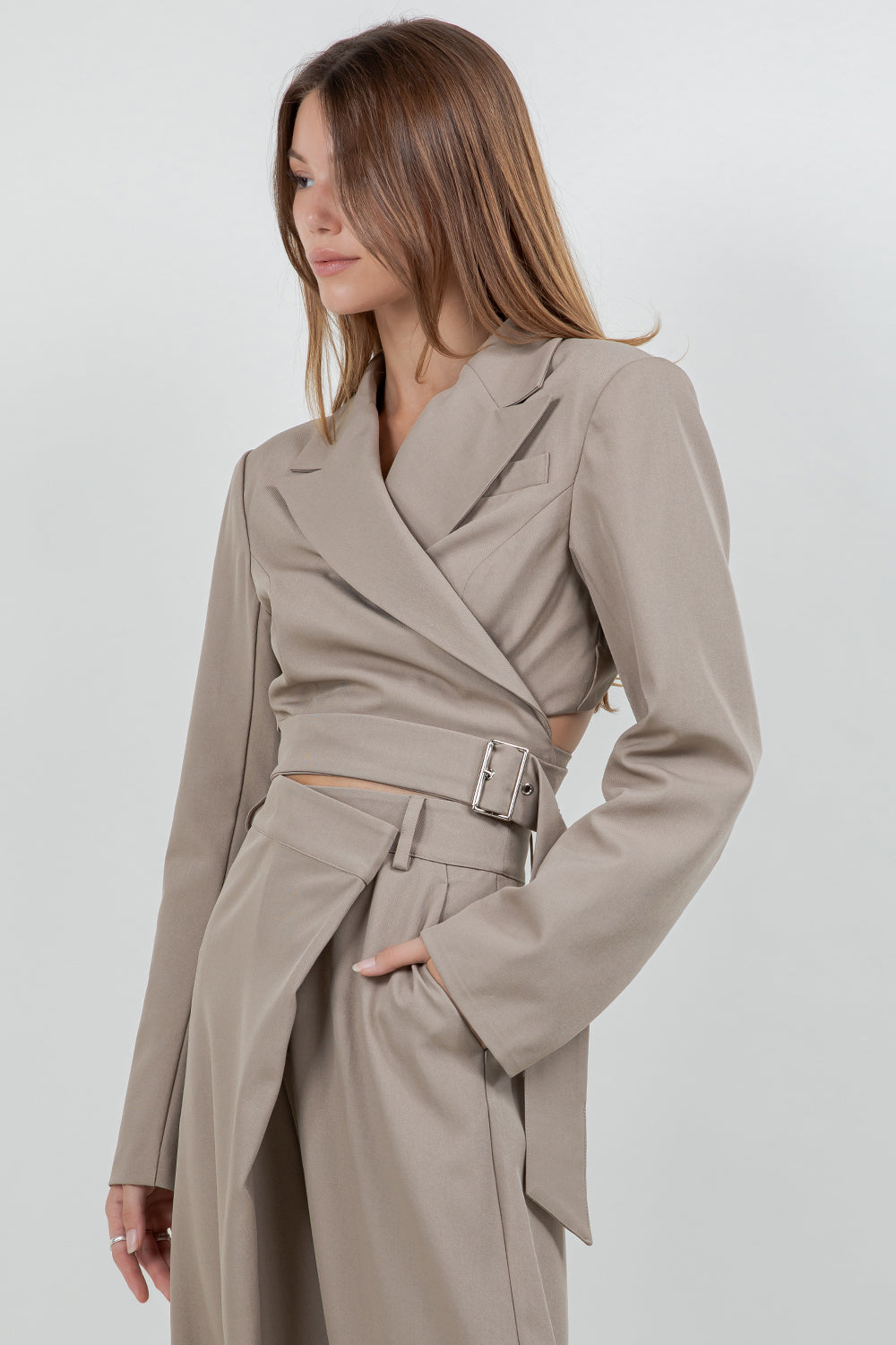 CROPPED STRUCTURED WOVEN BLAZER JACKET WITH SELF WRAP BELT - MOCHA - Whiteroom+Cactus