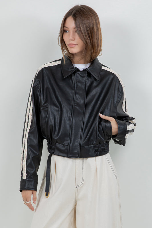PU FAUX LEATHER BOMBER JACKET WITH CONTRAST TRIM - Whiteroom+Cactus