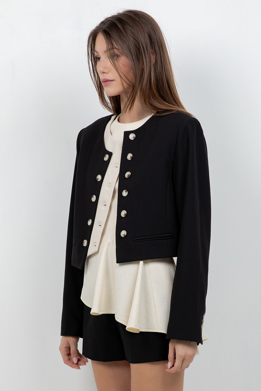 SOFT WOVEN DOUBLE PLACKET JACKET (BLACK/SAND)
