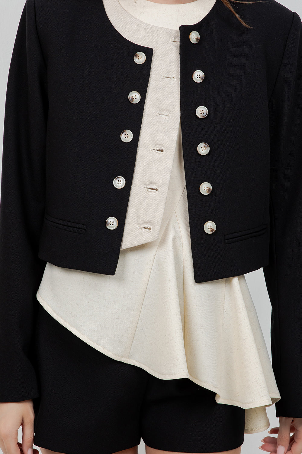 SOFT WOVEN DOUBLE PLACKET JACKET (BLACK/SAND)