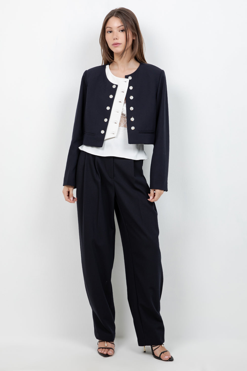 SOFT WOVEN DOUBLE PLACKET JACKET (NAVY/IVORY) - Whiteroom+Cactus