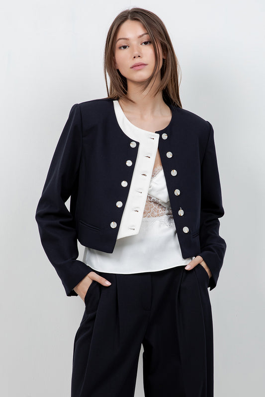 SOFT WOVEN DOUBLE PLACKET JACKET (NAVY/IVORY) - Whiteroom+Cactus
