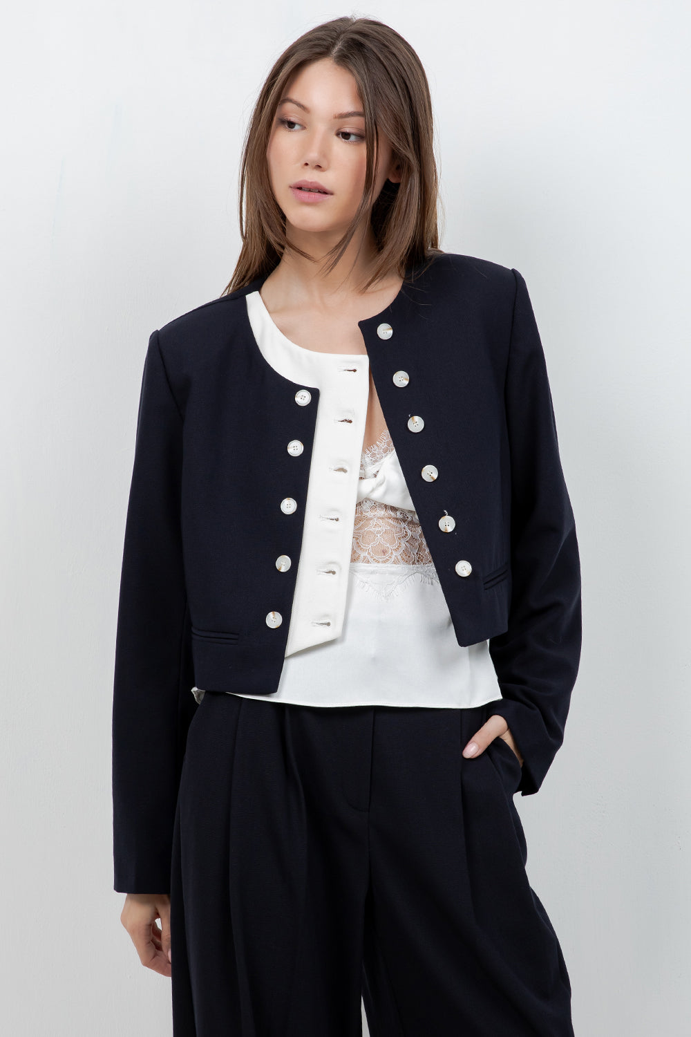 SOFT WOVEN DOUBLE PLACKET JACKET (NAVY/IVORY) - Whiteroom+Cactus