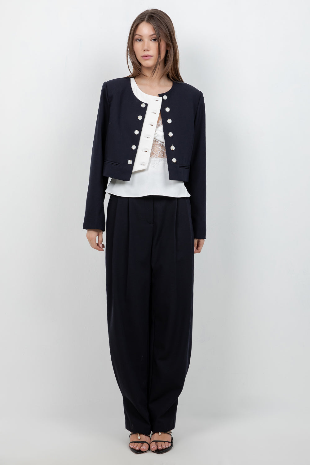 SOFT WOVEN DOUBLE PLACKET JACKET (NAVY/IVORY) - Whiteroom+Cactus