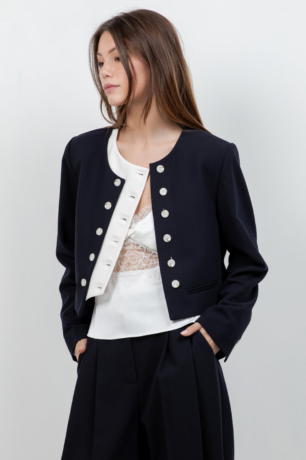 SOFT WOVEN DOUBLE PLACKET JACKET (NAVY/IVORY) - Whiteroom+Cactus