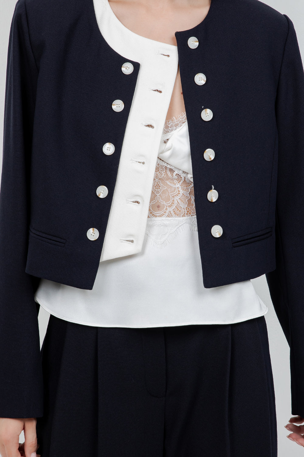 SOFT WOVEN DOUBLE PLACKET JACKET (NAVY/IVORY) - Whiteroom+Cactus