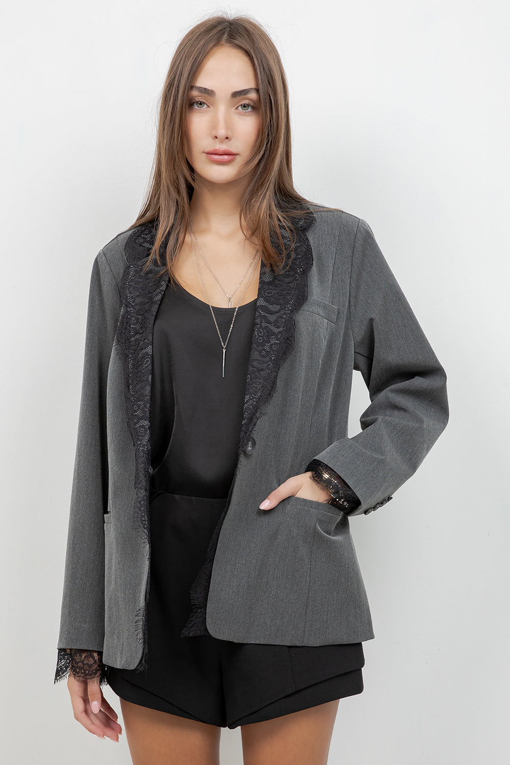 STRUCTURED WOVEN BLAZER WITH LACE INSERT DETAILS