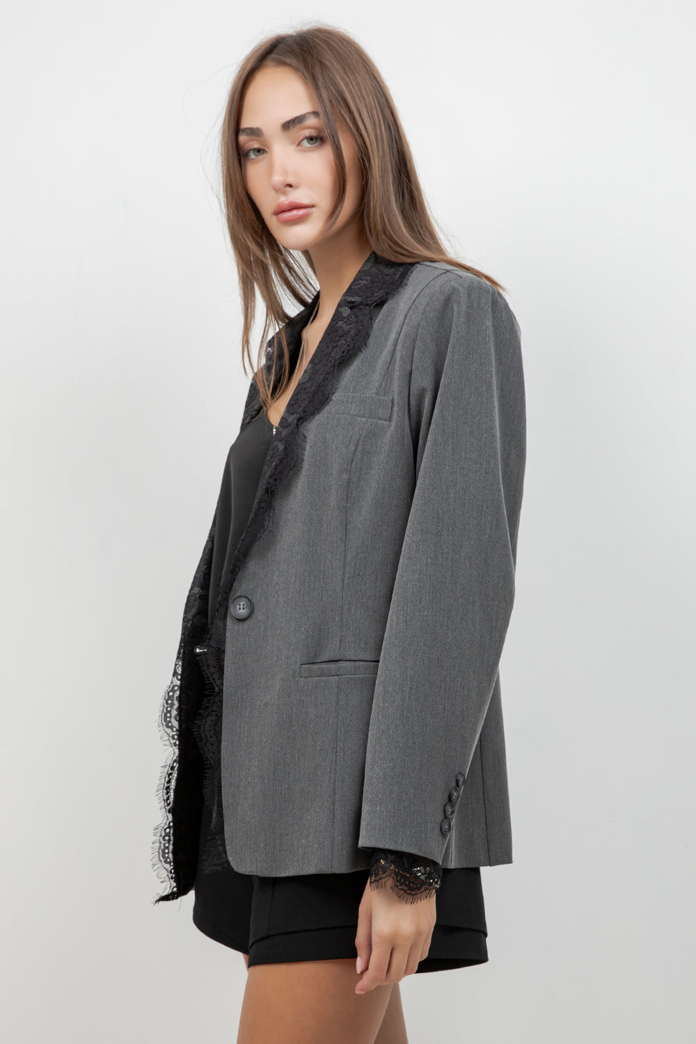 STRUCTURED WOVEN BLAZER WITH LACE INSERT DETAILS