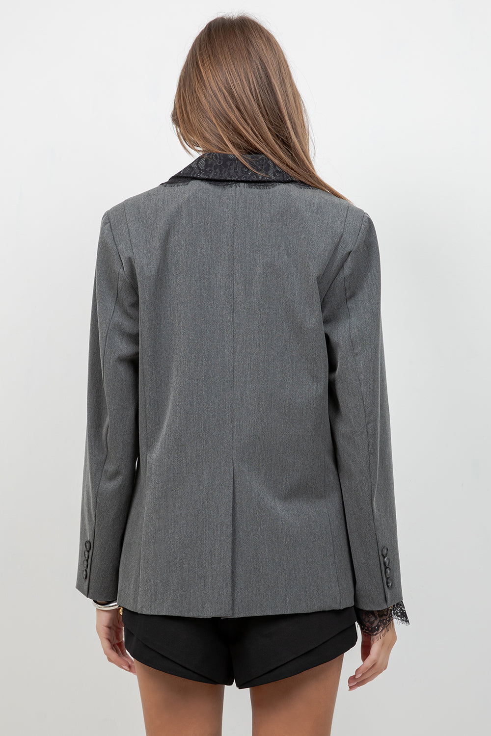 STRUCTURED WOVEN BLAZER WITH LACE INSERT DETAILS