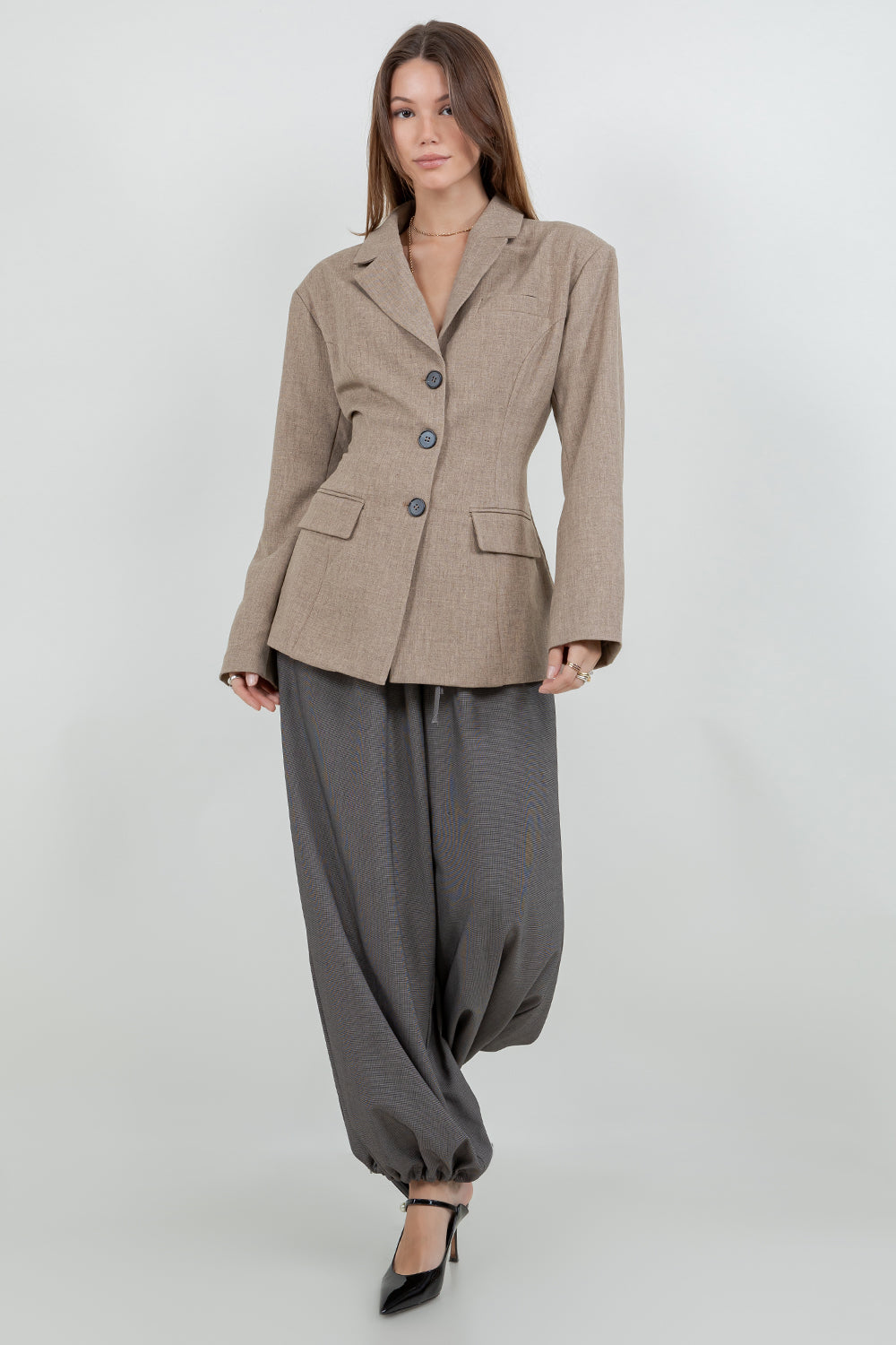 GINGHAM PRINT BALLOON GENIE PANTS WITH BOTTOM DRAWSTRING ADJUSTERS - Whiteroom+Cactus