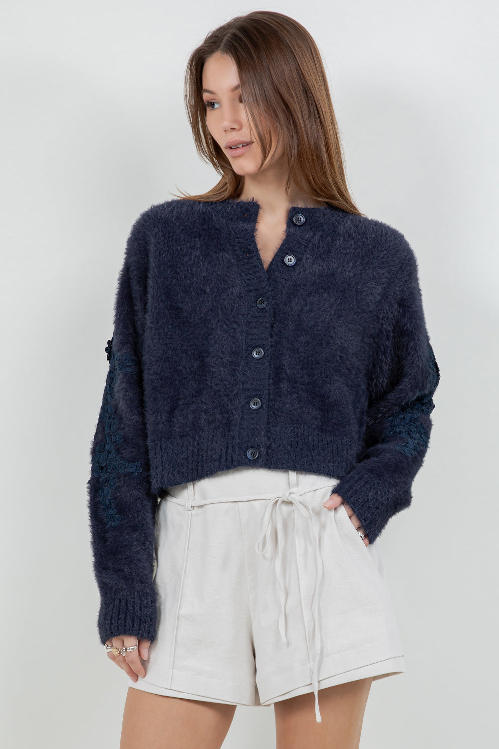 FUZZY KNITTED CARDIGAN SWEATER WITH ACCENT PATCH ON SLEEVES - Whiteroom+Cactus
