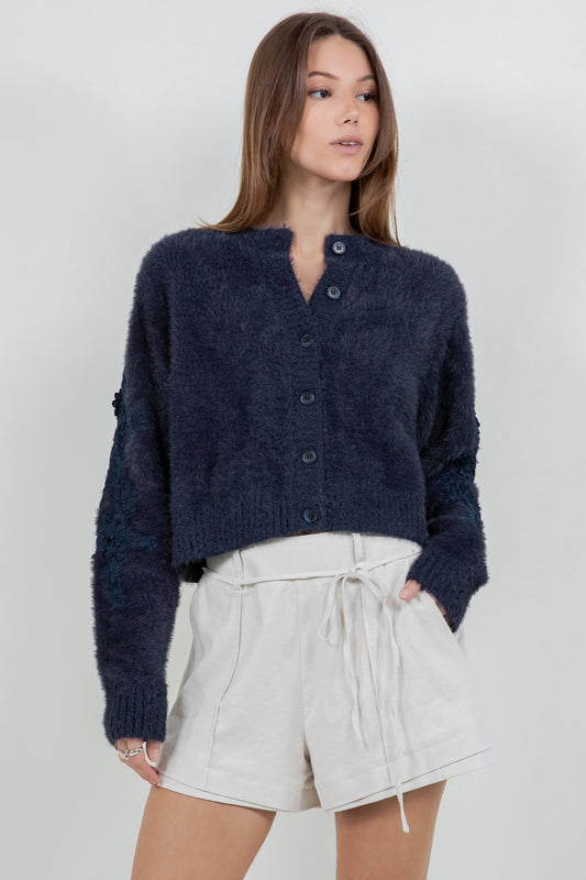 FUZZY KNITTED CARDIGAN SWEATER WITH ACCENT PATCH ON SLEEVES - Whiteroom+Cactus