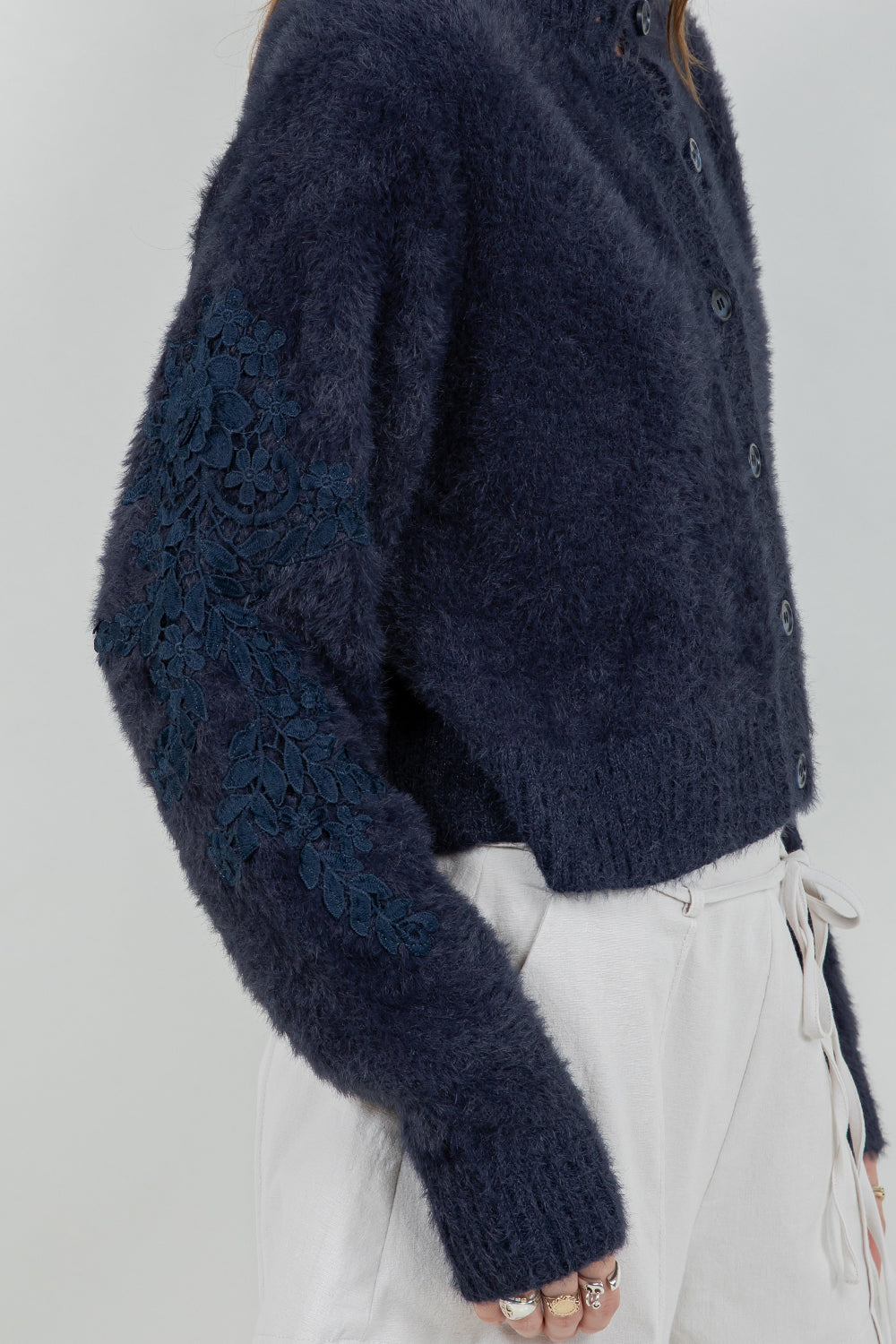 FUZZY KNITTED CARDIGAN SWEATER WITH ACCENT PATCH ON SLEEVES - Whiteroom+Cactus