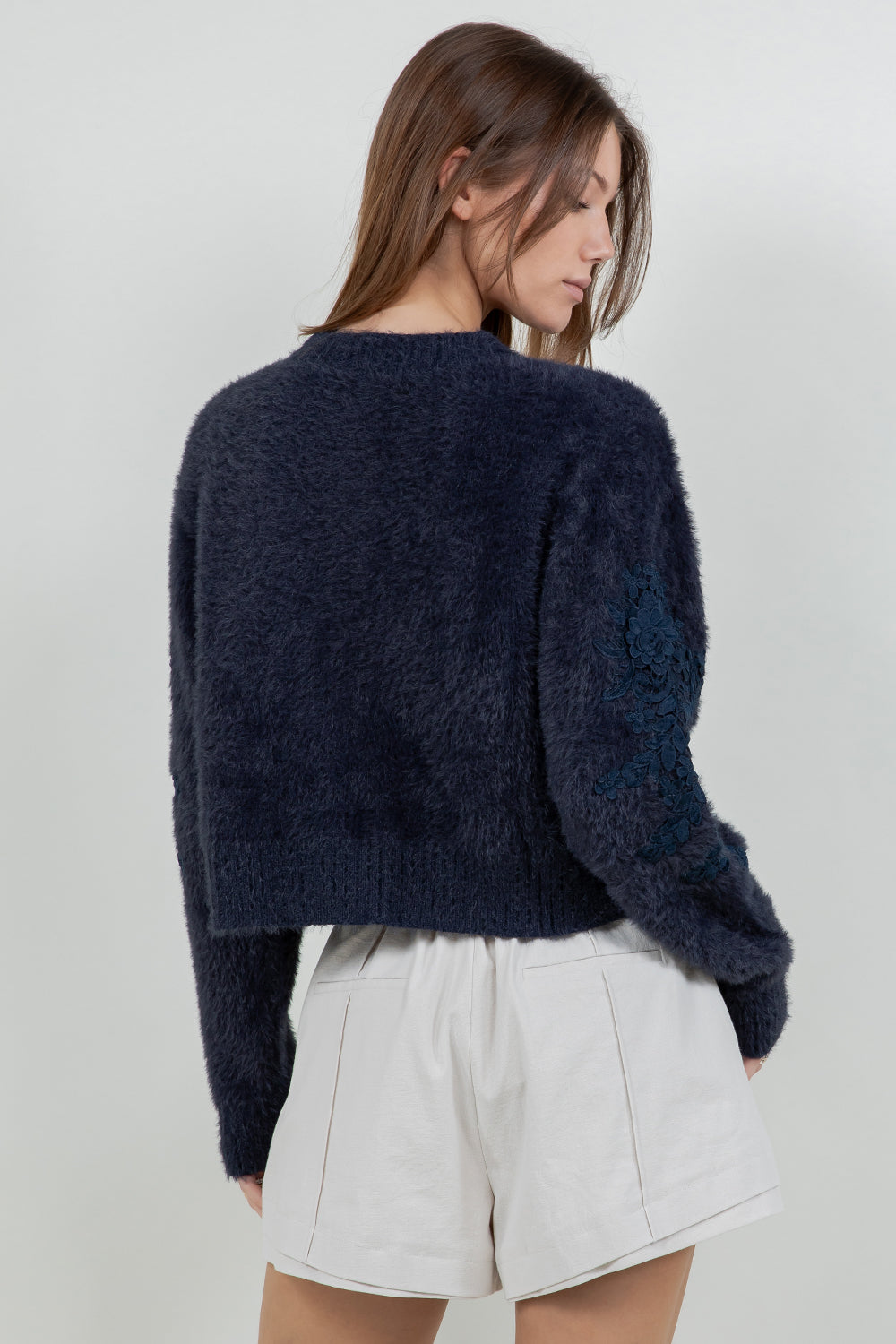 FUZZY KNITTED CARDIGAN SWEATER WITH ACCENT PATCH ON SLEEVES - Whiteroom+Cactus