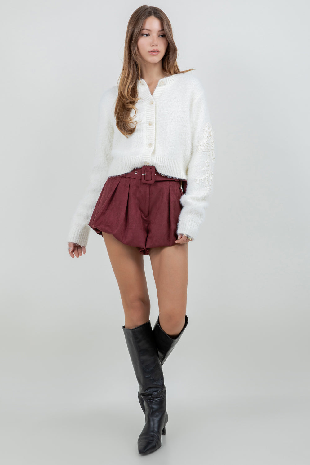 FUZZY KNITTED CARDIGAN SWEATER WITH ACCENT PATCH ON SLEEVES - Whiteroom+Cactus