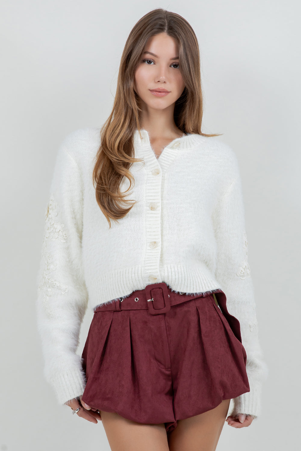FUZZY KNITTED CARDIGAN SWEATER WITH ACCENT PATCH ON SLEEVES - Whiteroom+Cactus