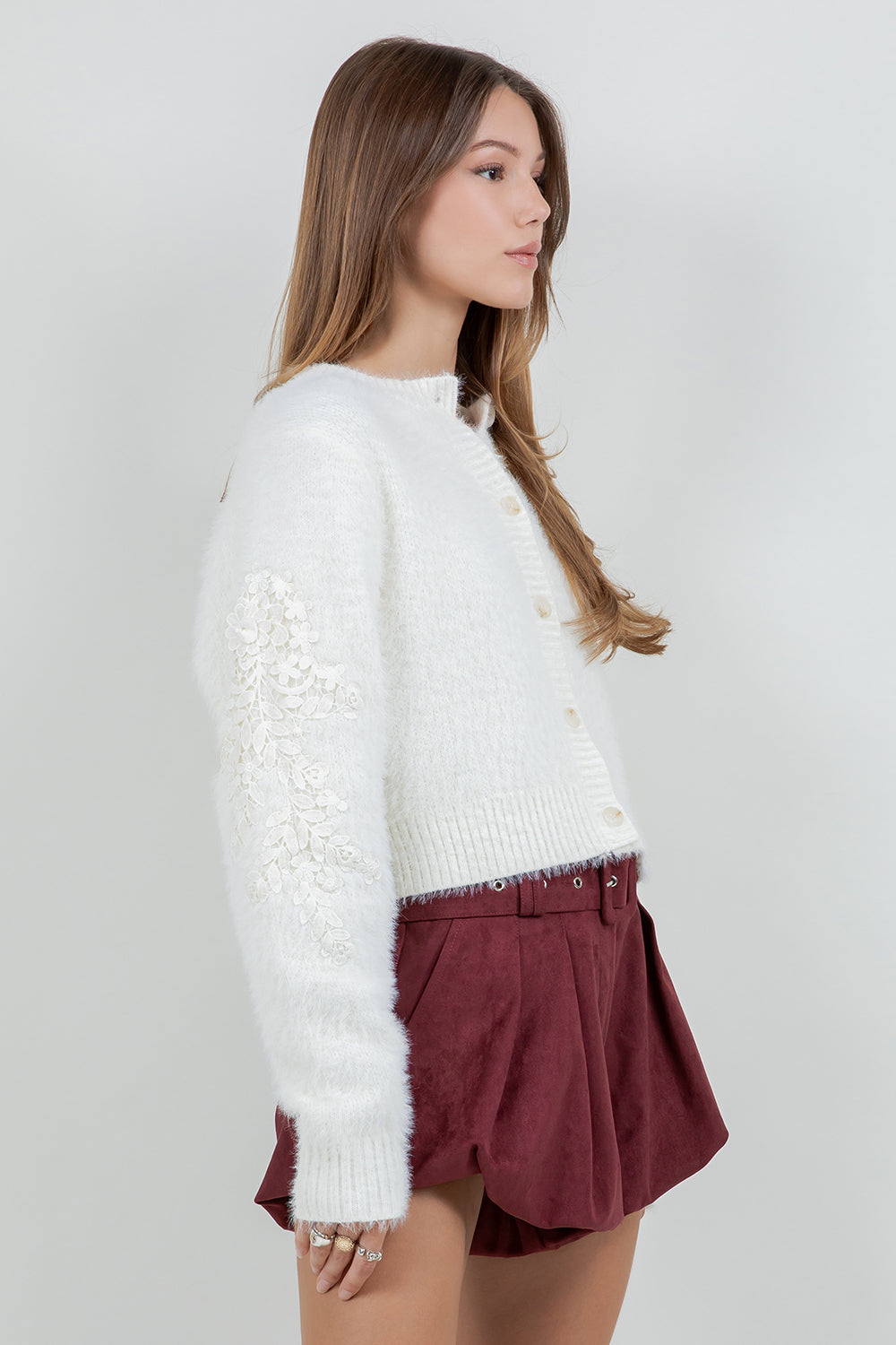 FUZZY KNITTED CARDIGAN SWEATER WITH ACCENT PATCH ON SLEEVES - Whiteroom+Cactus