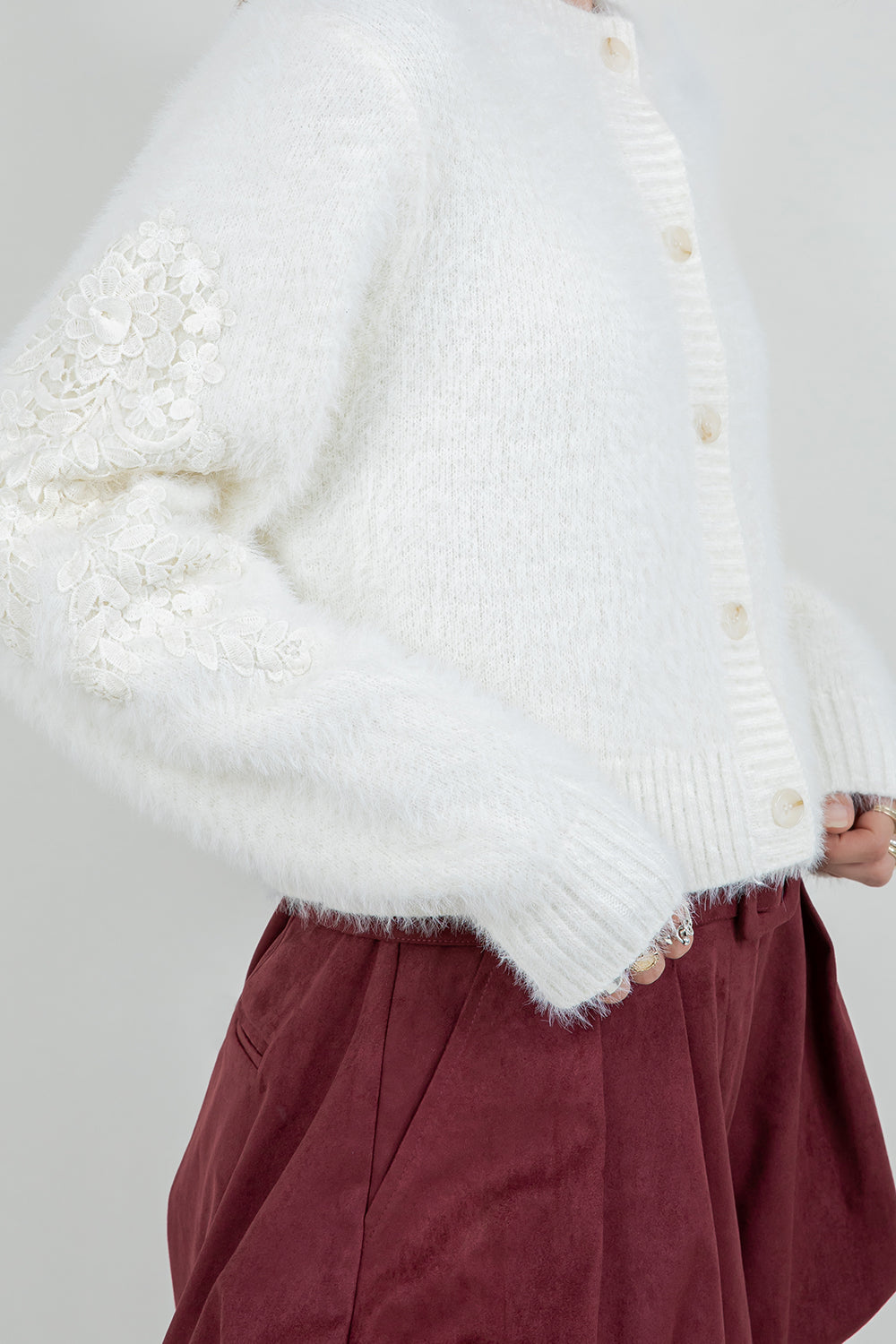 FUZZY KNITTED CARDIGAN SWEATER WITH ACCENT PATCH ON SLEEVES - Whiteroom+Cactus
