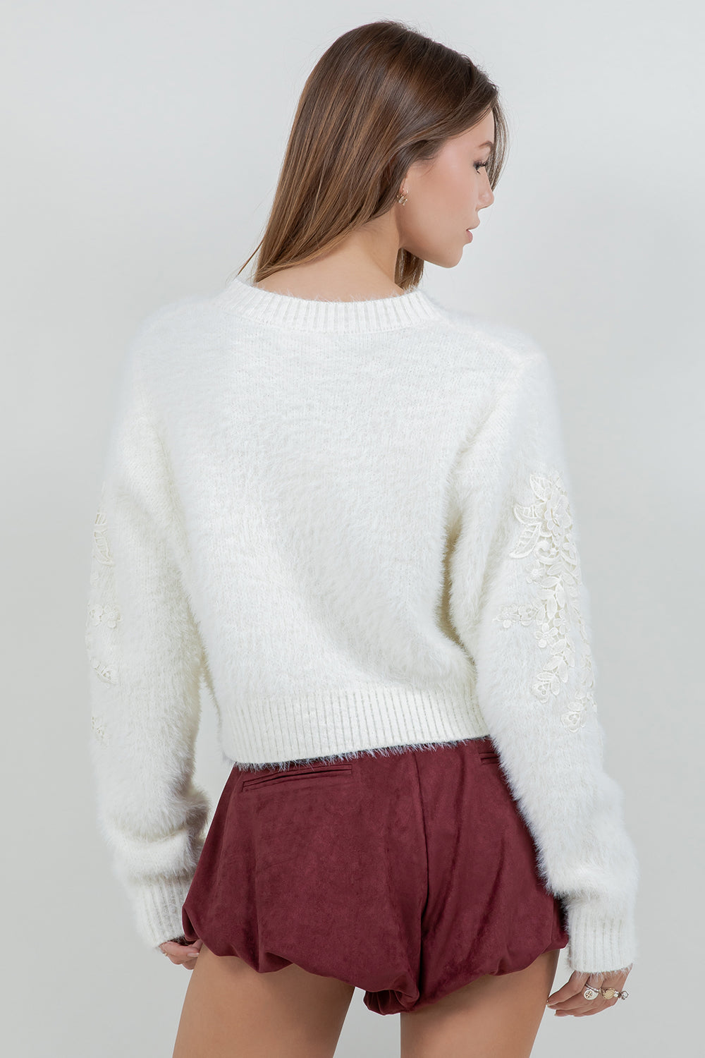 FUZZY KNITTED CARDIGAN SWEATER WITH ACCENT PATCH ON SLEEVES - Whiteroom+Cactus