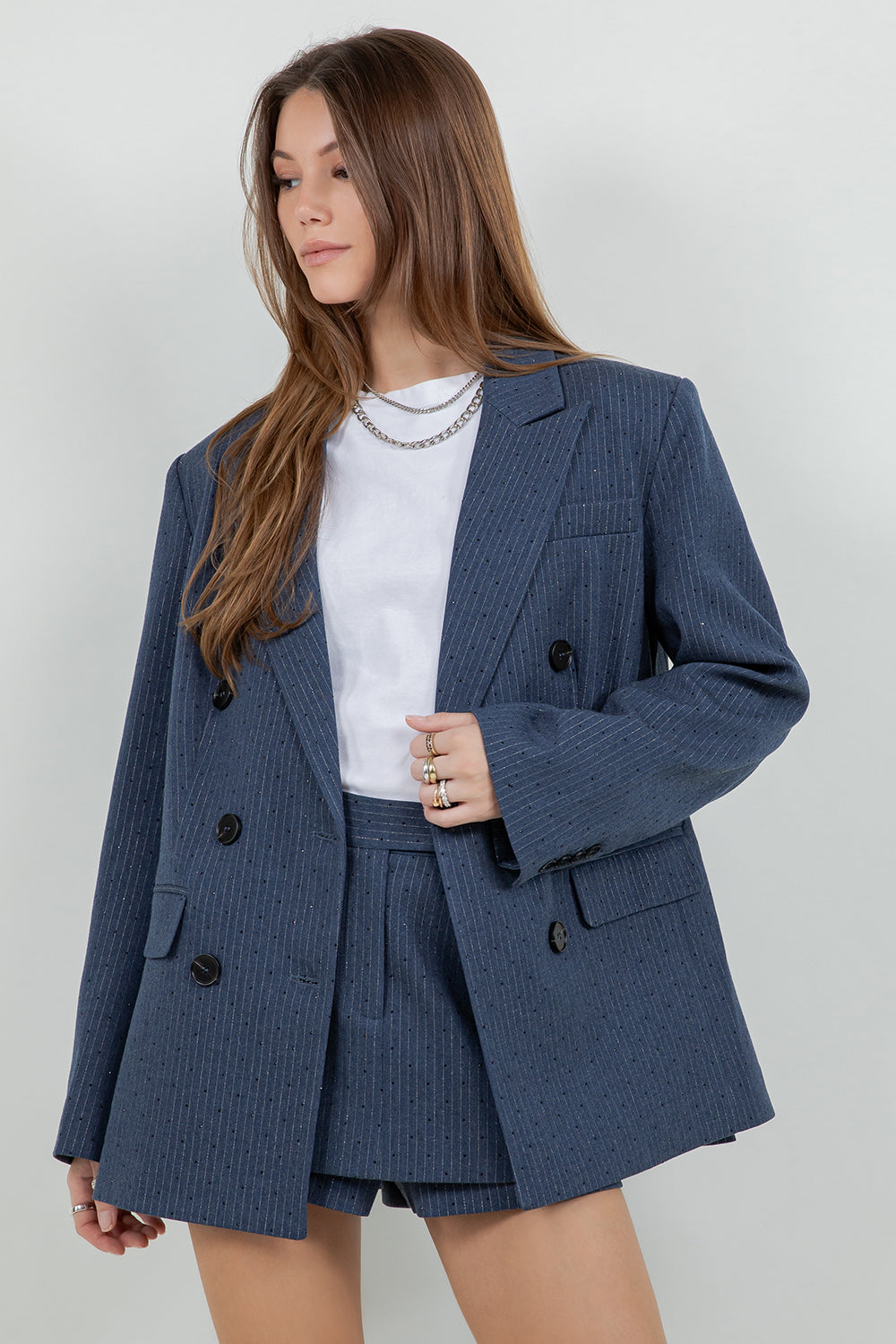 RHINESTONE EMBOSSED PINSTRIPE JACKET BLAZER - Whiteroom+Cactus