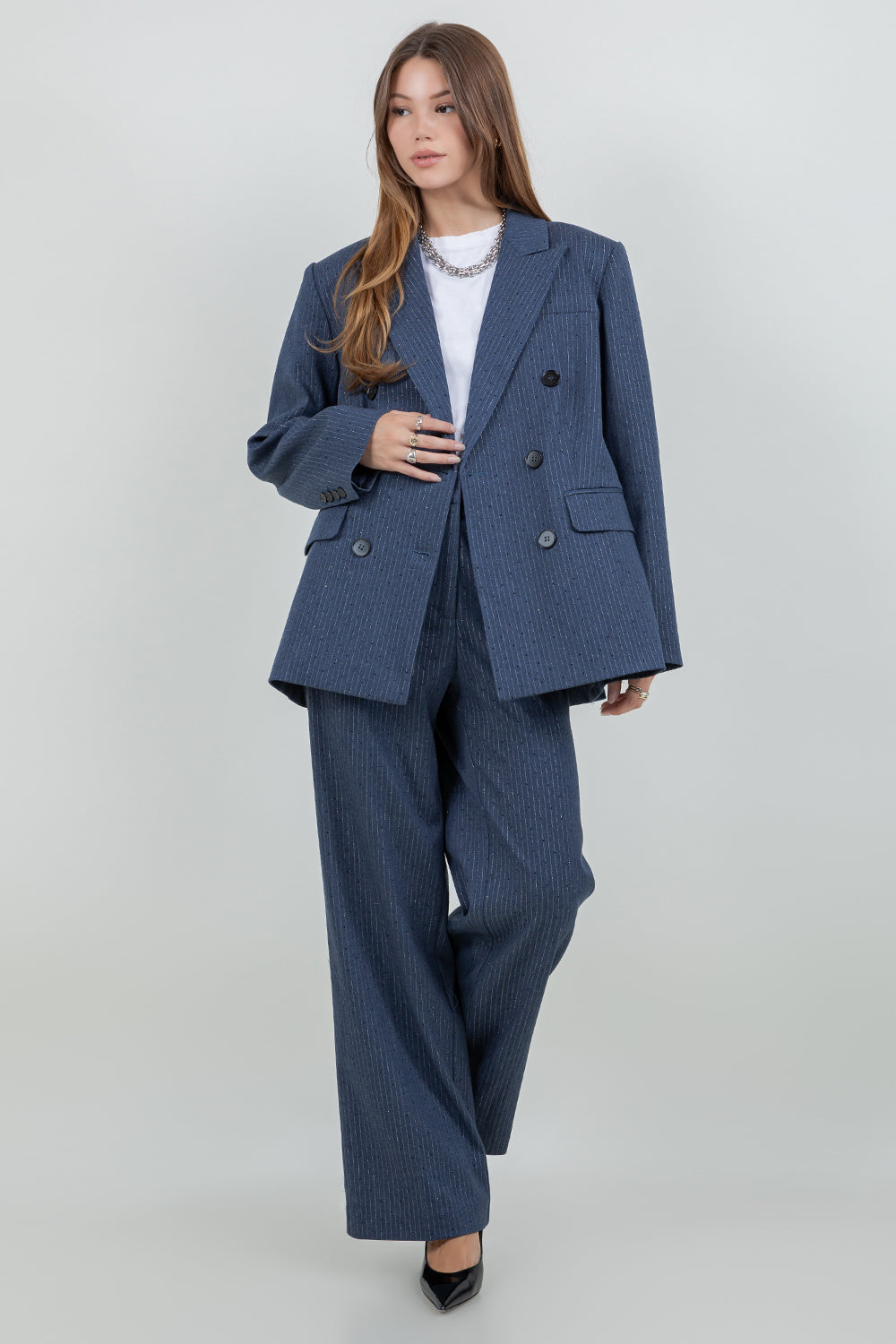 RHINESTONE EMBOSSED PINSTRIPE JACKET BLAZER - Whiteroom+Cactus