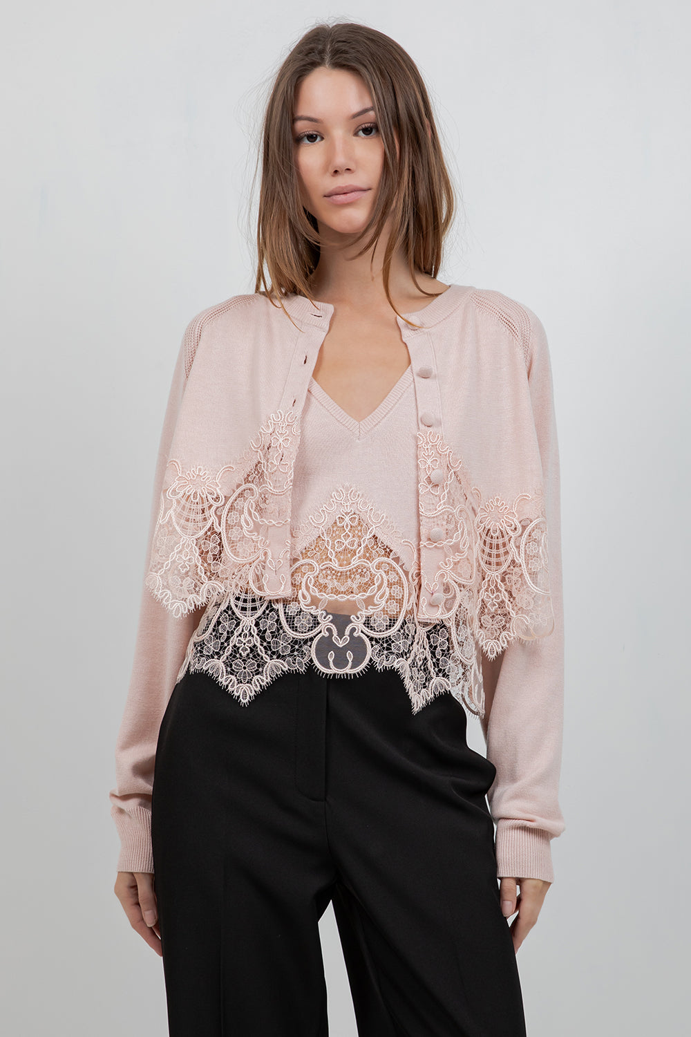 KNITTED SWEATER WITH LACE EDGE DETAILING
