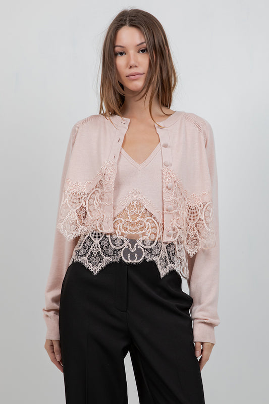 KNITTED SWEATER CARDIGAN WITH LACE EDGE DETAILING