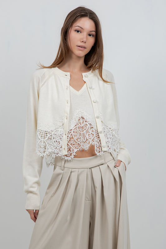 KNITTED SWEATER WITH LACE EDGE DETAILING