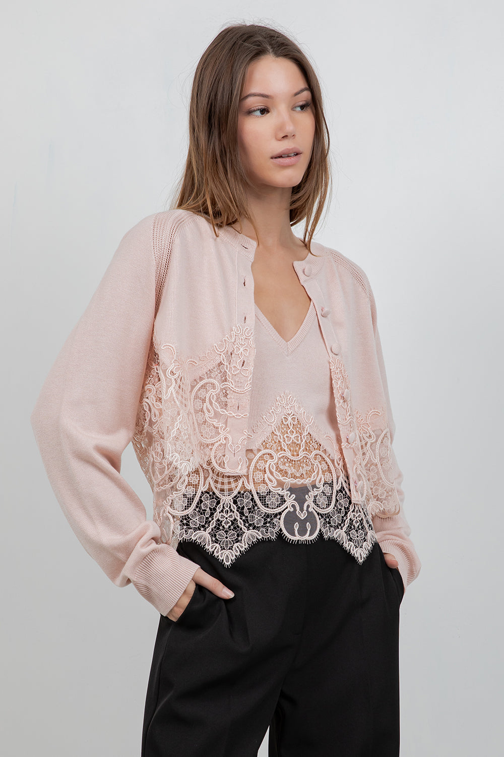KNITTED SWEATER CARDIGAN WITH LACE EDGE DETAILING