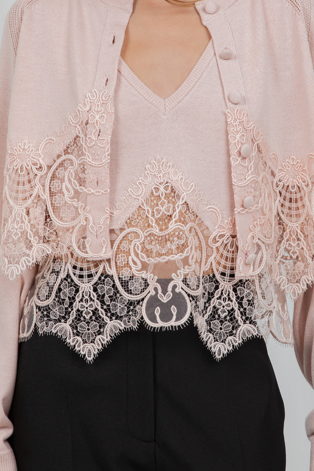 KNITTED SWEATER CARDIGAN WITH LACE EDGE DETAILING