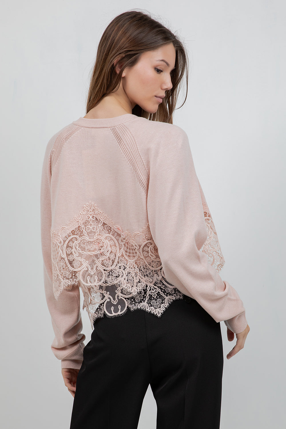 KNITTED SWEATER CARDIGAN WITH LACE EDGE DETAILING