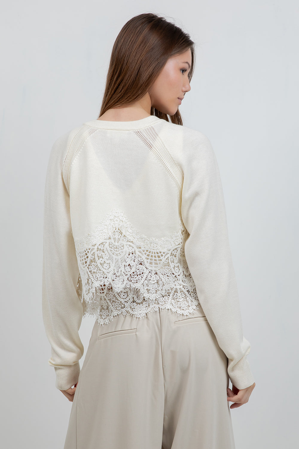 KNITTED SWEATER WITH LACE EDGE DETAILING