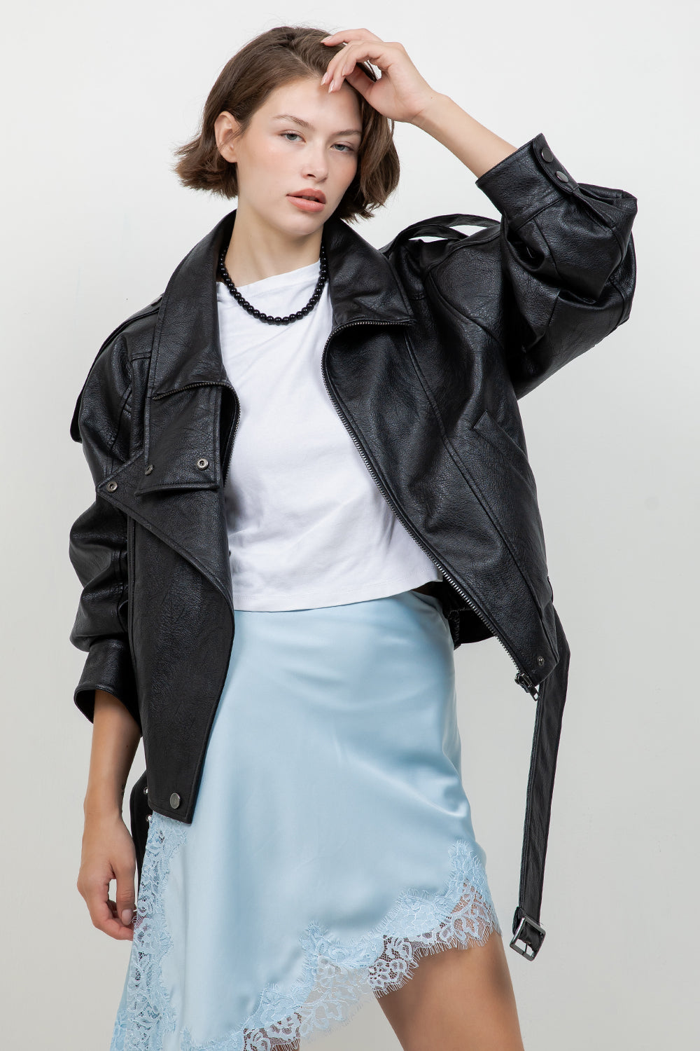 FAUX PU OVERSIZED LEATHER BOMBER JACKET