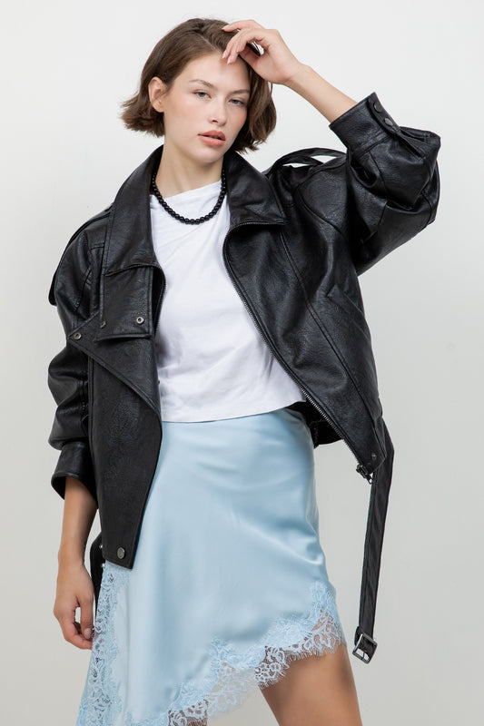 FAUX PU OVERSIZED LEATHER BOMBER JACKET