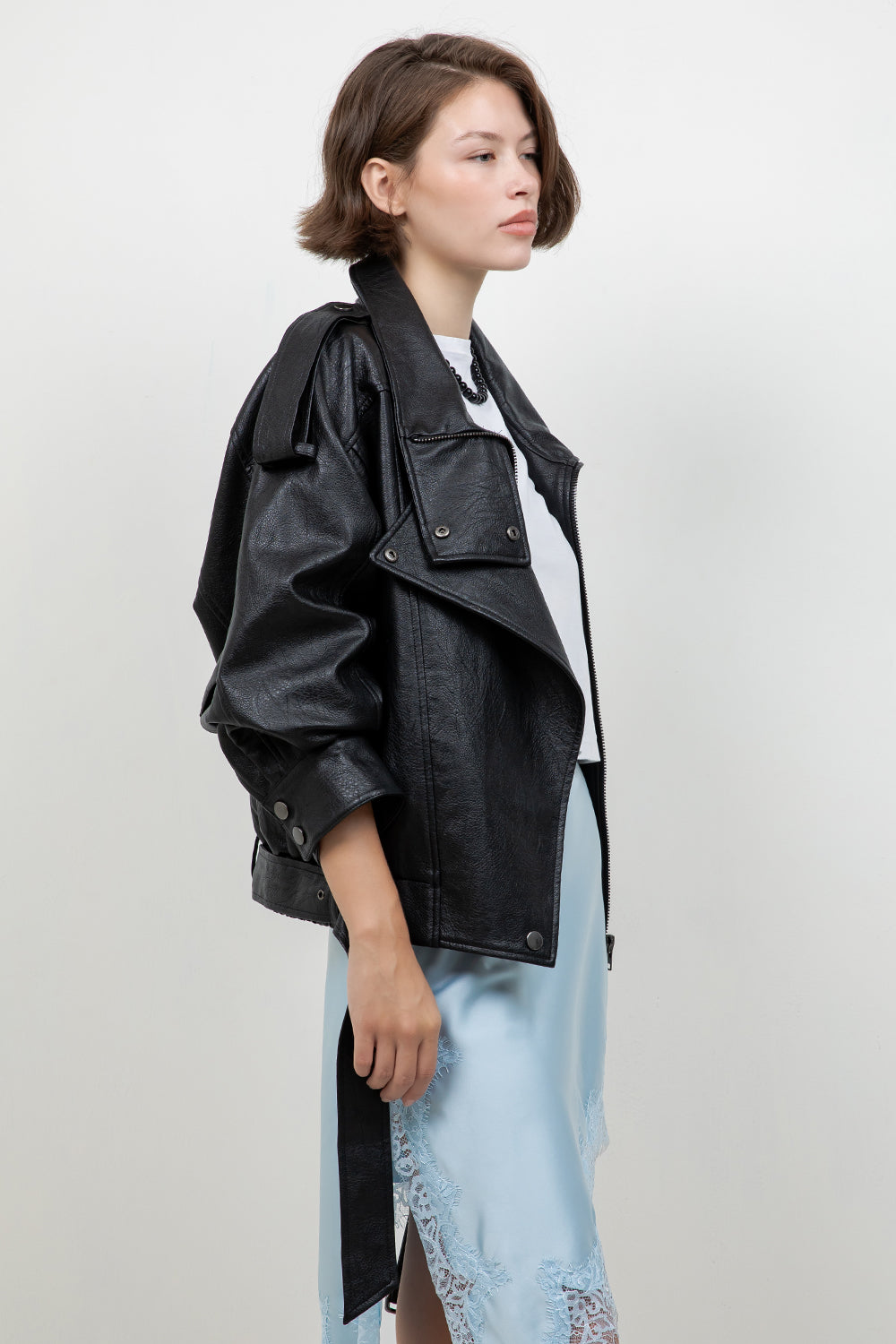 FAUX PU OVERSIZED LEATHER BOMBER JACKET