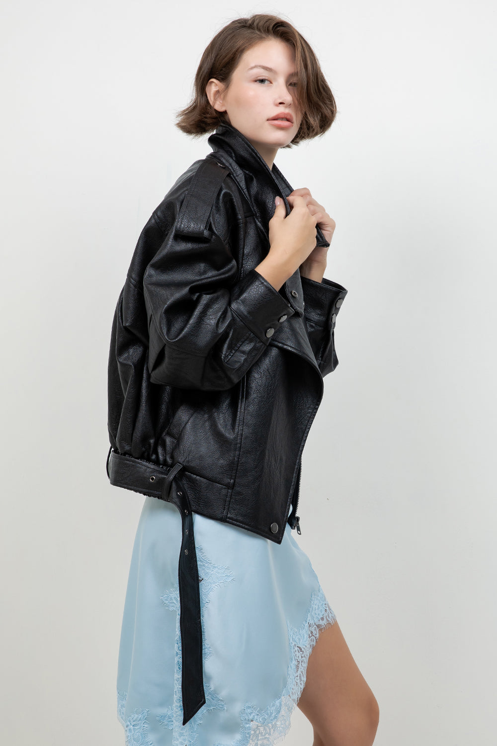 FAUX PU OVERSIZED LEATHER BOMBER JACKET
