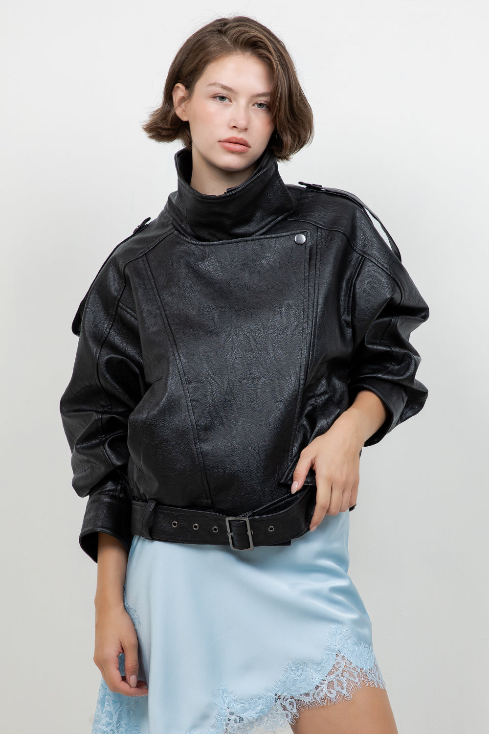 FAUX PU OVERSIZED LEATHER BOMBER JACKET