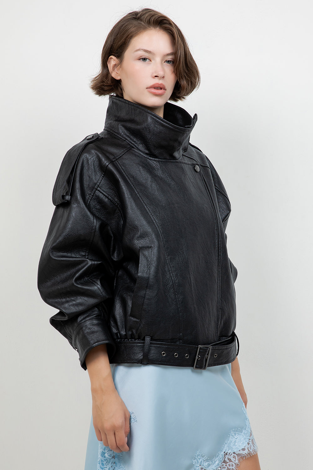 FAUX PU OVERSIZED LEATHER BOMBER JACKET