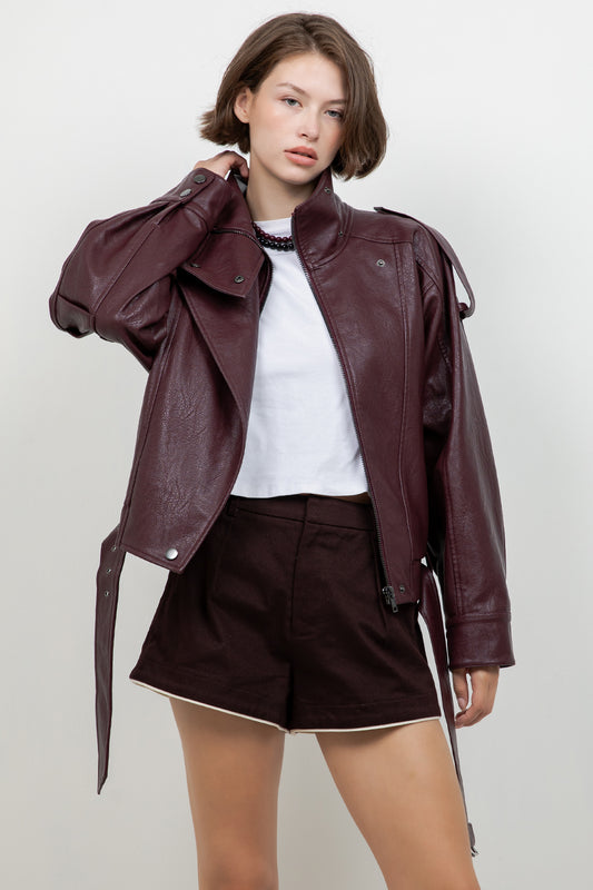 FAUX PU OVERSIZED LEATHER BOMBER JACKET