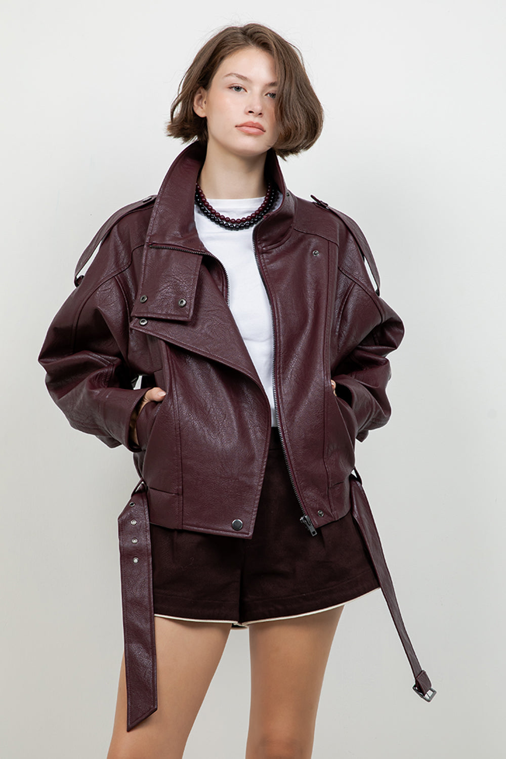 FAUX PU OVERSIZED LEATHER BOMBER JACKET